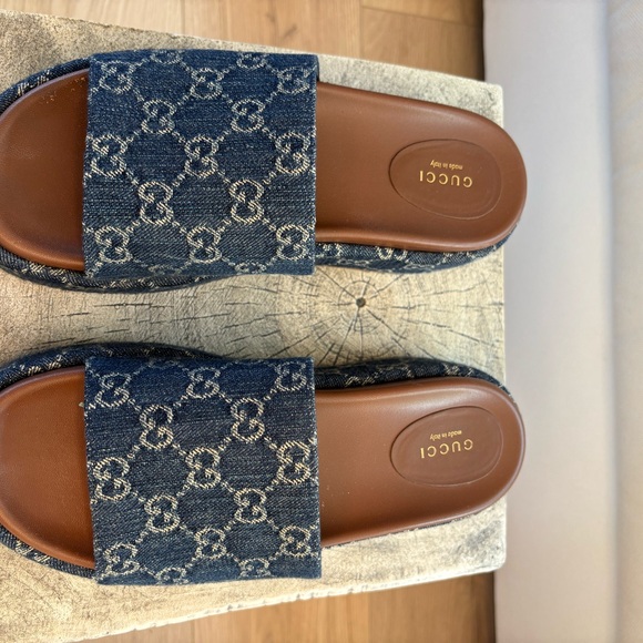 Gucci Denim GG Jacquard Slide Sandals - Blue and Brown - Picture 2 of 5